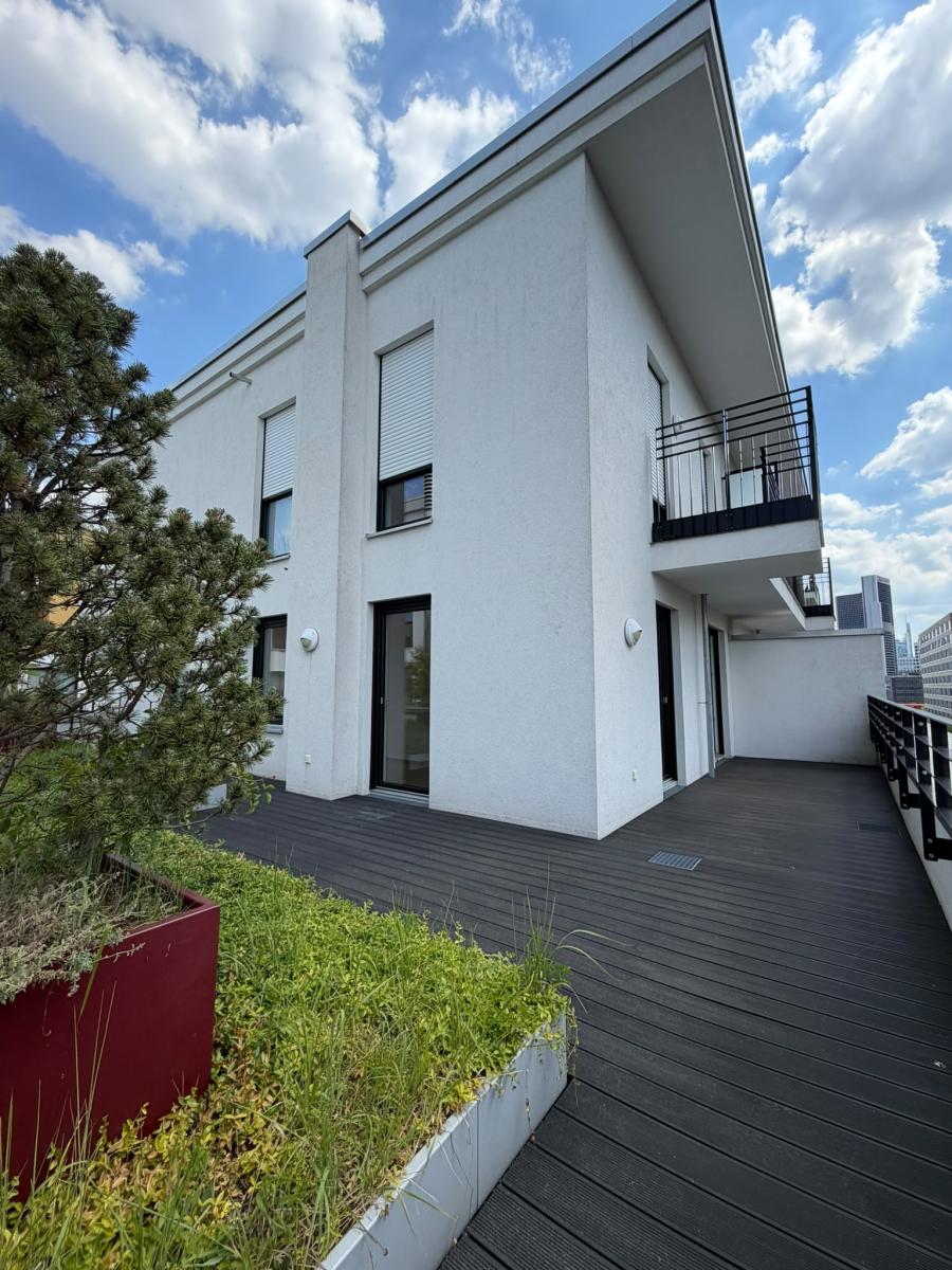 Blick auf Terrasse und Wohnhaus